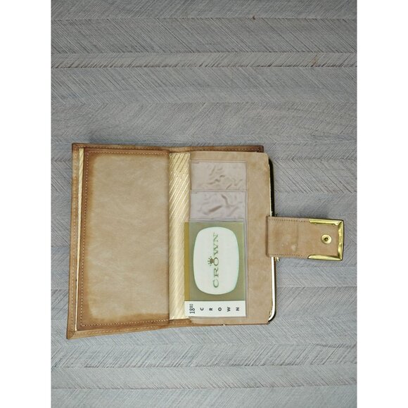 Vintage Crown Checkbook Wallet Beige Tan Cowhide Leather Kisslock Coin Pouch - Picture 2 of 10